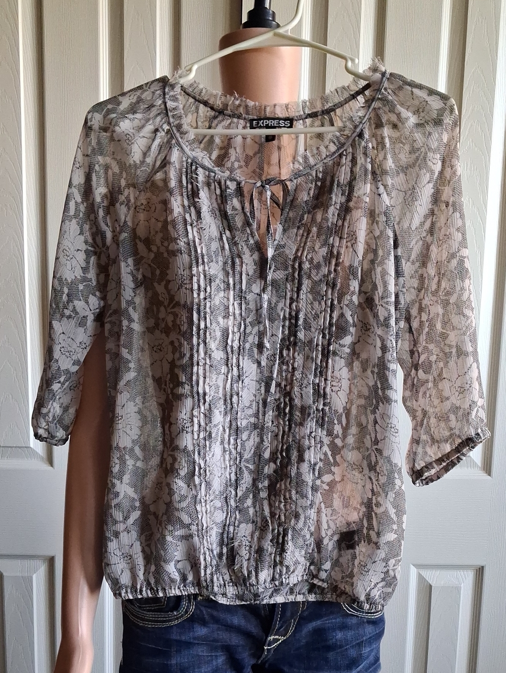Express Sheer Floral Lace Tie-Neck Blouse in White and Gray